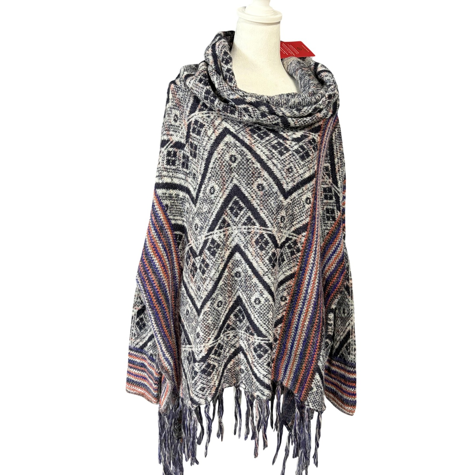 Free People Poncho Womens Large Blue Multi Be The One Fringe Cowl Neck Knit Boho